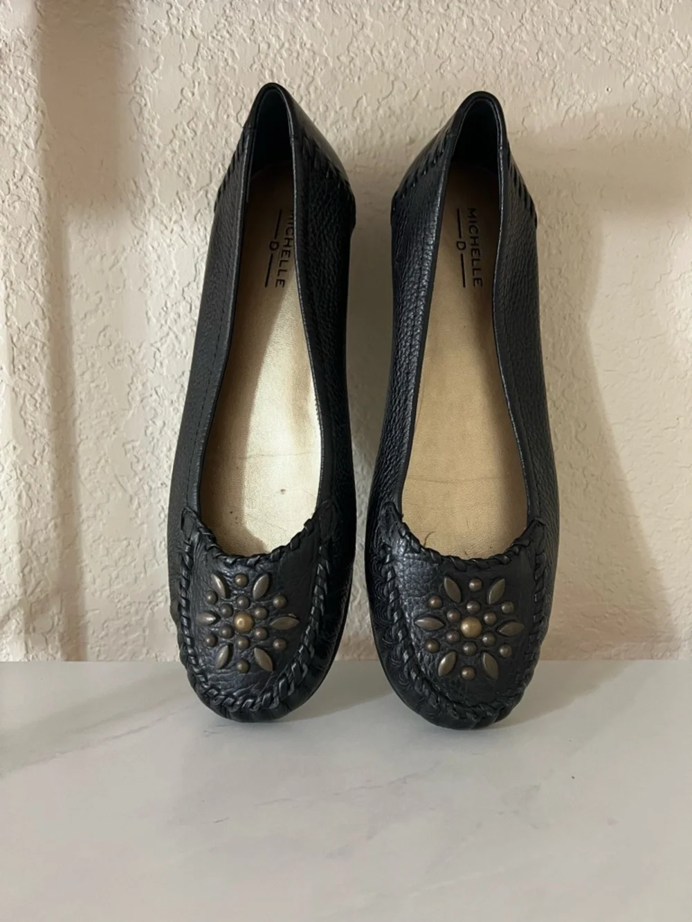 NEW Michele D Black Leather Stud Flower Moccasin Flats